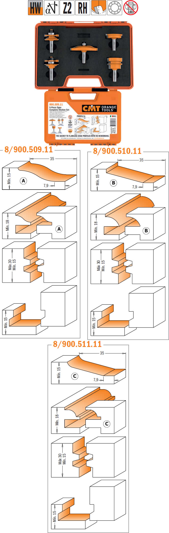 Juego de 5 fresas para puertas de cocina de madera y mdf, para trabajar en electro-fresadoras